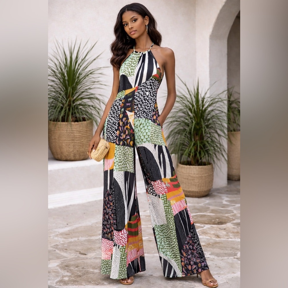 Asha Eleven Patchwork Halter Jumpsuit Size M